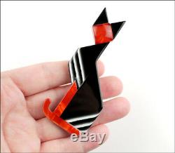 Lea Stein Paris Figural Geometric Art Deco Black Red Egyptian Cat Pet Brooch Pin