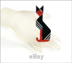 Lea Stein Paris Figural Geometric Art Deco Black Red Egyptian Cat Pet Brooch Pin