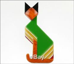 Lea Stein Paris Figural Geometric Art Deco Green Orange Egyptian Cat Brooch Pin