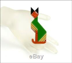 Lea Stein Paris Figural Geometric Art Deco Green Orange Egyptian Cat Brooch Pin