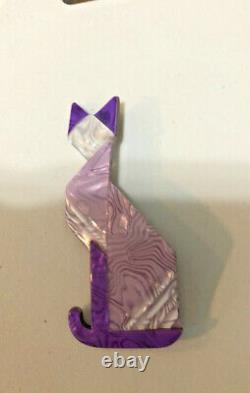 Lea Stein art deco style kitty cat Rare Purple Pin Brooch Laminated Celluloid