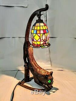 Lead Art Deco Style Crouching Cat Lamp with Tiffany Style Leaded Stained Glass