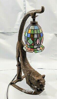 Lead Art Deco Style Crouching Cat Lamp with Tiffany Style Leaded Stained Glass