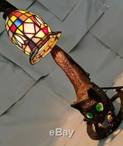 Lead Art Deco Style Crouching Cat Lamp with Tiffany Style Leaded Stained Glass