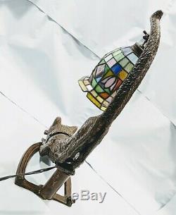 Lead Art Deco Style Crouching Cat Lamp with Tiffany Style Leaded Stained Glass