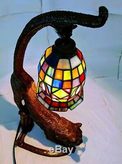 Lead Art Deco Style Crouching Cat Lamp with Tiffany Style Leaded Stained Glass