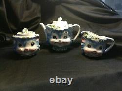 Lefton MISS PRISS Kitty Cat 5 Pc Tea Set-Teapot Creamer Sugar Bowl Lids PERFECT