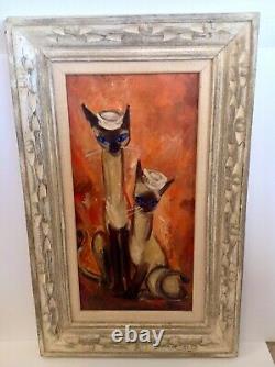 Listed Artist Violet Parkhurst Framed Oil On Canvas Siamese Cats Wearing Hats R
