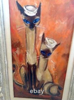 Listed Artist Violet Parkhurst Framed Oil On Canvas Siamese Cats Wearing Hats R
