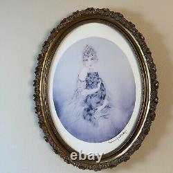 Louis Icart Beautiful Lady Persian Cat Oval 27-1/4 X 21-3/4 Lavender Blue Tint