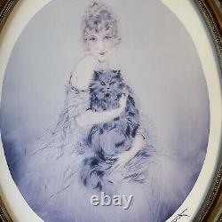 Louis Icart Beautiful Lady Persian Cat Oval 27-1/4 X 21-3/4 Lavender Blue Tint