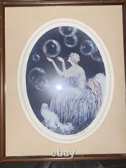 Louis Icart Framed Art Fashion Lady Blowing Bubbles Persian Cat Art Deco