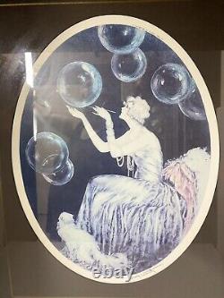 Louis Icart Framed Art Fashion Lady Blowing Bubbles Persian Cat Art Deco 26 X 22