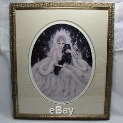 Louis Icart Sweet Mystery Framed Wall Art Woman Black Persian Cat