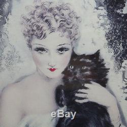 Louis Icart Sweet Mystery Framed Wall Art Woman Black Persian Cat