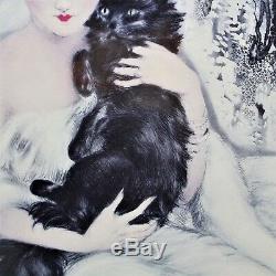 Louis Icart Sweet Mystery Framed Wall Art Woman Black Persian Cat