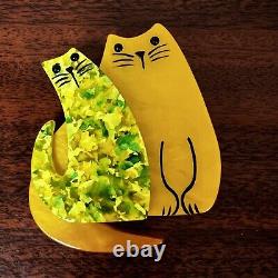 Marie-Christine Pavone Signed Brooch Double Cat Yellow Art Deco Galalith