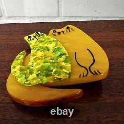 Marie-Christine Pavone Signed Brooch Double Cat Yellow Art Deco Galalith