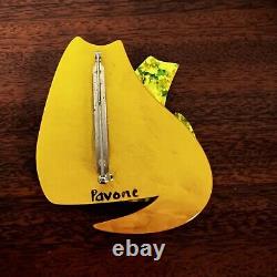 Marie-Christine Pavone Signed Brooch Double Cat Yellow Art Deco Galalith