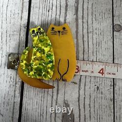 Marie-Christine Pavone Signed Brooch Double Cat Yellow Art Deco Galalith