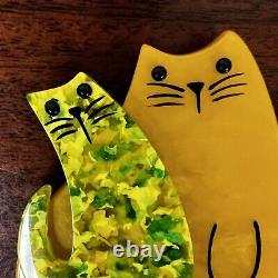 Marie-Christine Pavone Signed Brooch Double Cat Yellow Art Deco Galalith