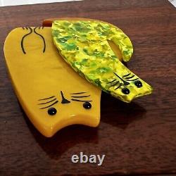 Marie-Christine Pavone Signed Brooch Double Cat Yellow Art Deco Galalith