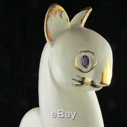 Mid-Century Royal Haeger White & Gold 20-1/2 Tall Ceramic Winking Art Deco Cat