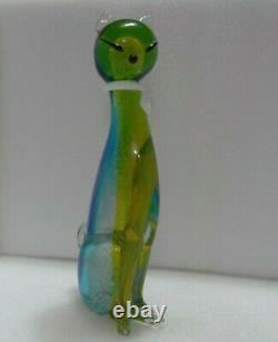 Murano Style Glass Art Sinister Cat Figure Amber Aqua 12 Tall