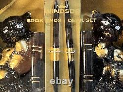 NEW Vintage 1950's Windsor Siamese Black & Gold Cat Bookends Desk Set MCM
