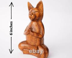 Natural Wooden Yoga Cat Meditate Hand Carved Statue Handmade Sculpture Figurine