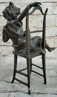 Naughty little girl with cat on chair bronze statue funny Deco Figurine Artwork