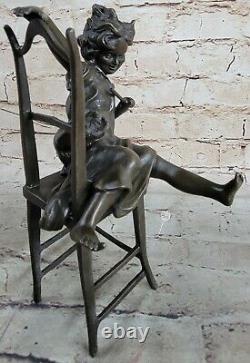 Naughty little girl with cat on chair bronze statue funny Deco Figurine Figure