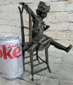 Naughty little girl with cat on chair bronze statue funny Deco Figurine Figure