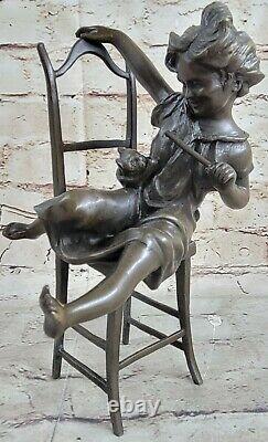 Naughty little girl with cat on chair bronze statue funny Deco Figurine Figure