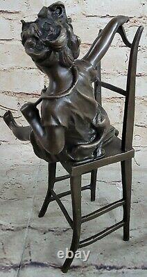 Naughty little girl with cat on chair bronze statue funny Deco Figurine Figure