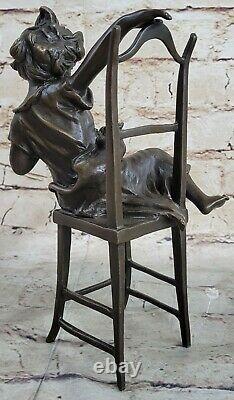 Naughty little girl with cat on chair bronze statue funny Deco Figurine Figure