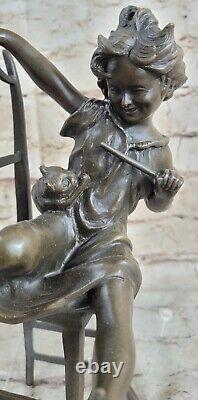 Naughty little girl with cat on chair bronze statue funny Deco Figurine Figure