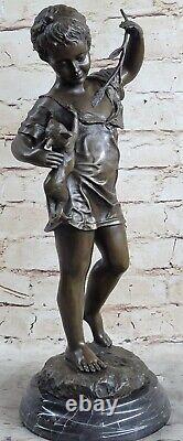 Naughty little girl with cat with Stick bronze statue funny Deco Figurine Decor