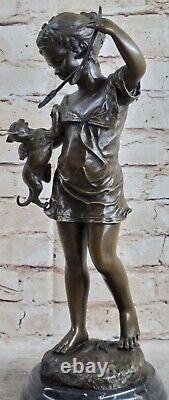 Naughty little girl with cat with Stick bronze statue funny Deco Figurine Decor