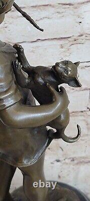 Naughty little girl with cat with Stick bronze statue funny Deco Figurine Decor