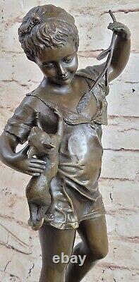 Naughty little girl with cat with Stick bronze statue funny Deco Figurine Decor