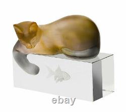 New Daum Crystal Amber & Grey Cat & Fish Figurine #03931 Brand Nib Save$$ F/sh