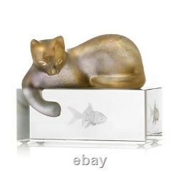 New Daum Crystal Amber & Grey Cat & Fish Figurine #03931 Brand Nib Save$$ F/sh