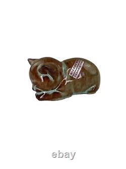 Nicodemus Pottery Cat Figurine Ferro Stone Original Label Signed Teal Brown 3in