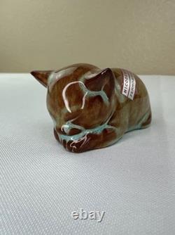 Nicodemus Pottery Cat Figurine Ferro Stone Original Label Signed Teal Brown 3in