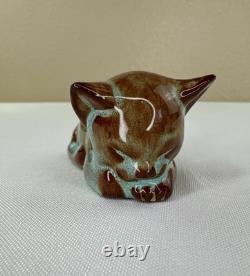 Nicodemus Pottery Cat Figurine Ferro Stone Original Label Signed Teal Brown 3in