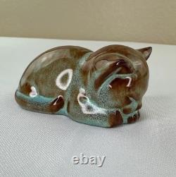 Nicodemus Pottery Cat Figurine Ferro Stone Original Label Signed Teal Brown 3in