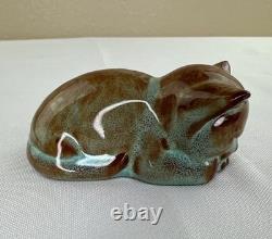 Nicodemus Pottery Cat Figurine Ferro Stone Original Label Signed Teal Brown 3in