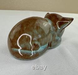 Nicodemus Pottery Cat Figurine Ferro Stone Original Label Signed Teal Brown 3in