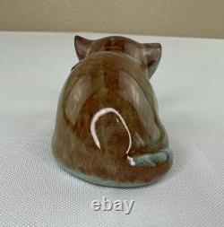Nicodemus Pottery Cat Figurine Ferro Stone Original Label Signed Teal Brown 3in